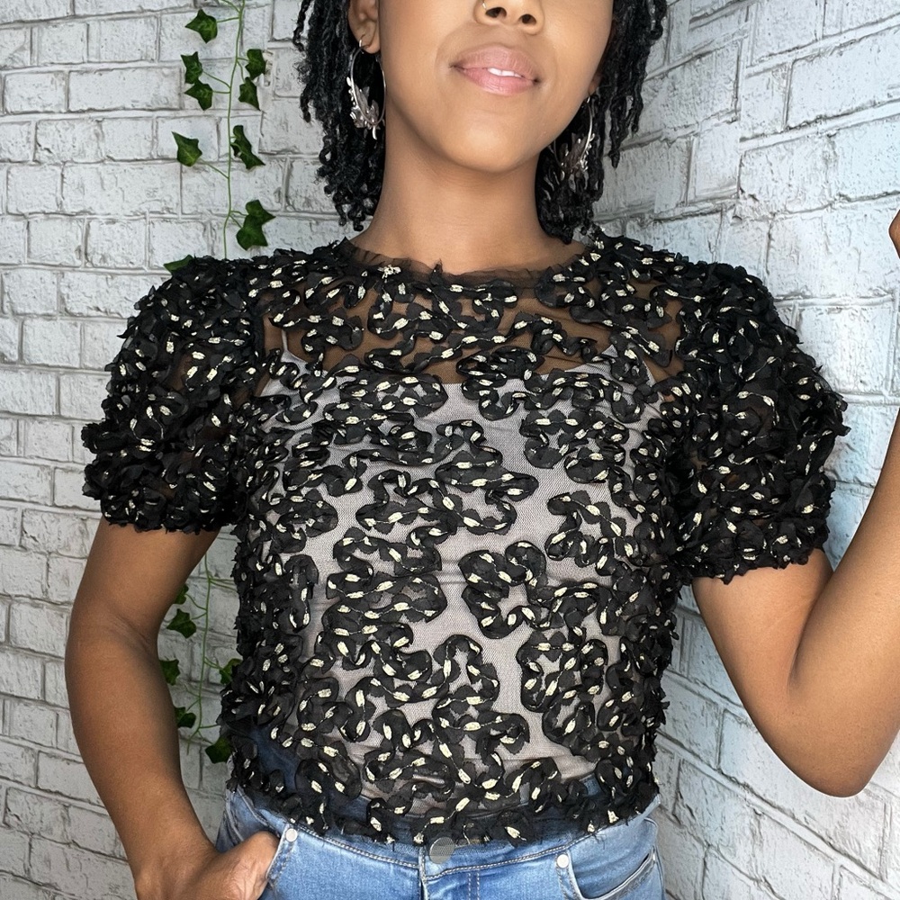Sheer Crop Blouse Metallic Gold Accents